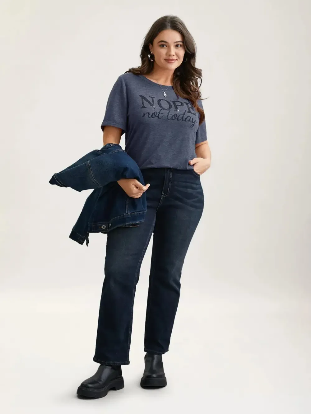 Nope Not Today Print Rhinestone Round Neck T-Shirt