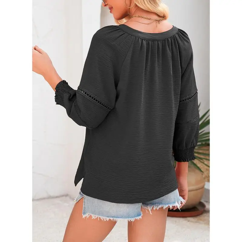Women's Casual V-Neck Hollow-Out Blouse (3/4 Sleeve, Soft Breathable)