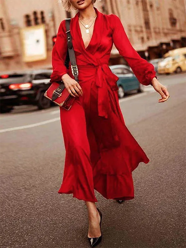 Tied Solid Color Puff Sleeves Loose V-neck Maxi Dresses
