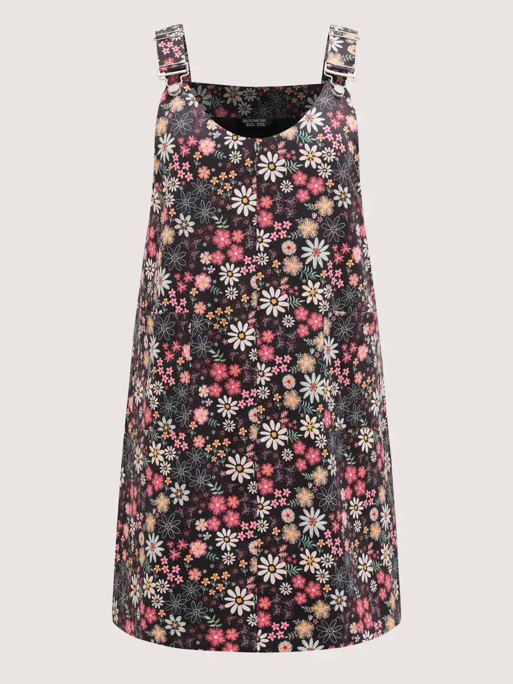 Floral Flocked Adjustable Straps Pockets Midi Dress