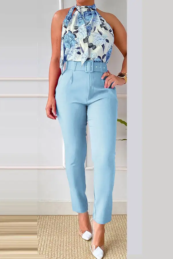 Floral Print Elegant Pussy Bow Pant Suit