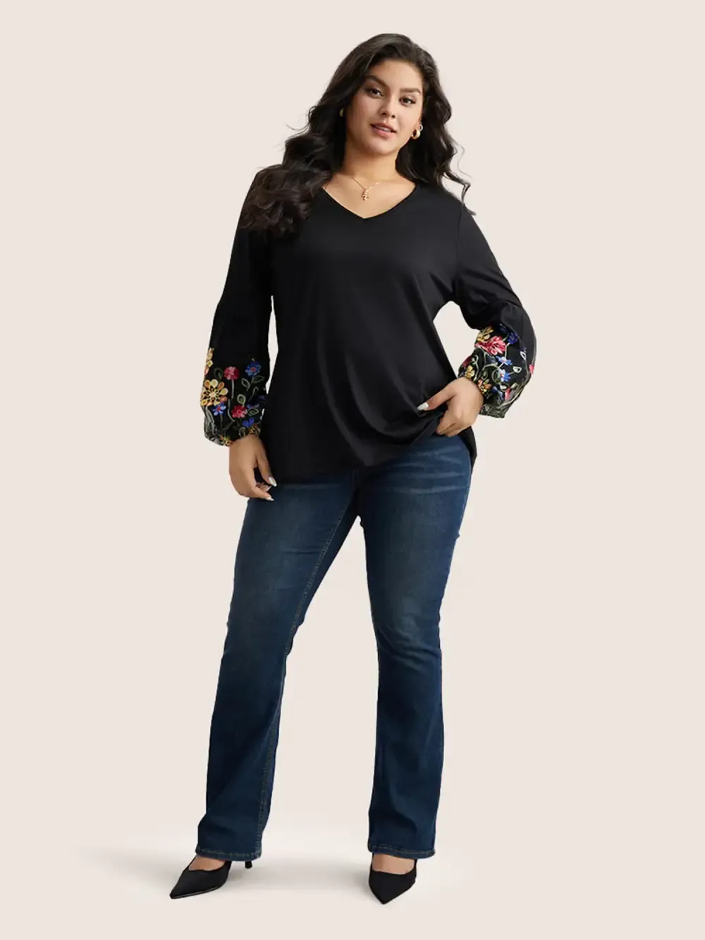 Floral Embroidered Lantern Sleeve T-Shirt