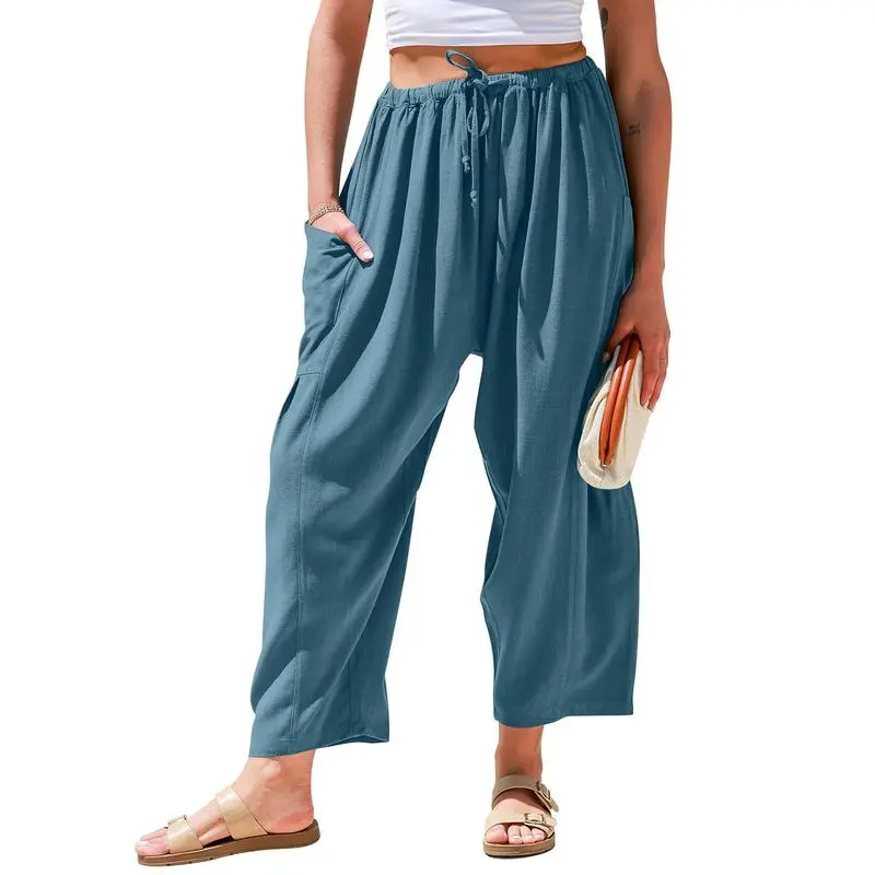Women’s Oversized Linen Wide-Leg Pants – Casual Loose Fit Beach Palazzo Trousers with Pockets