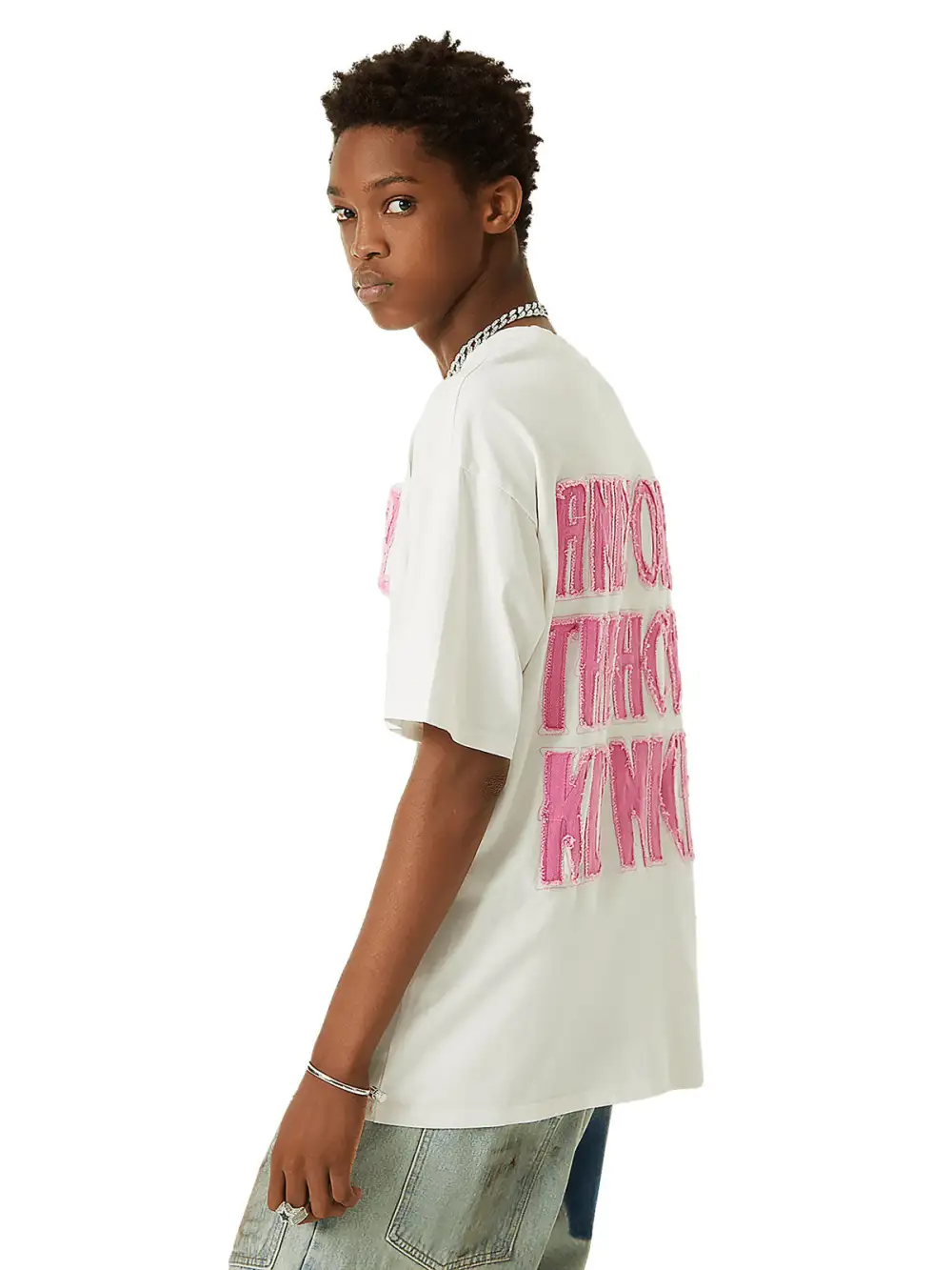 Pink Letter Applique Street Rap T-shirt - 2145