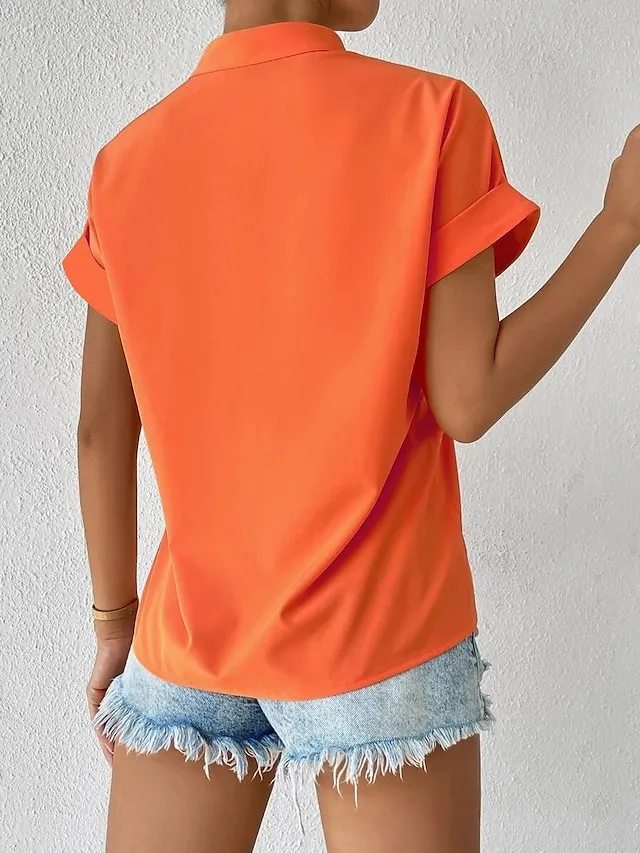 Women's Shirt Blouse Orange red Black White Plain Button Short Sleeve Work Fashion Business Elegant Standing Collar Regular Fit
