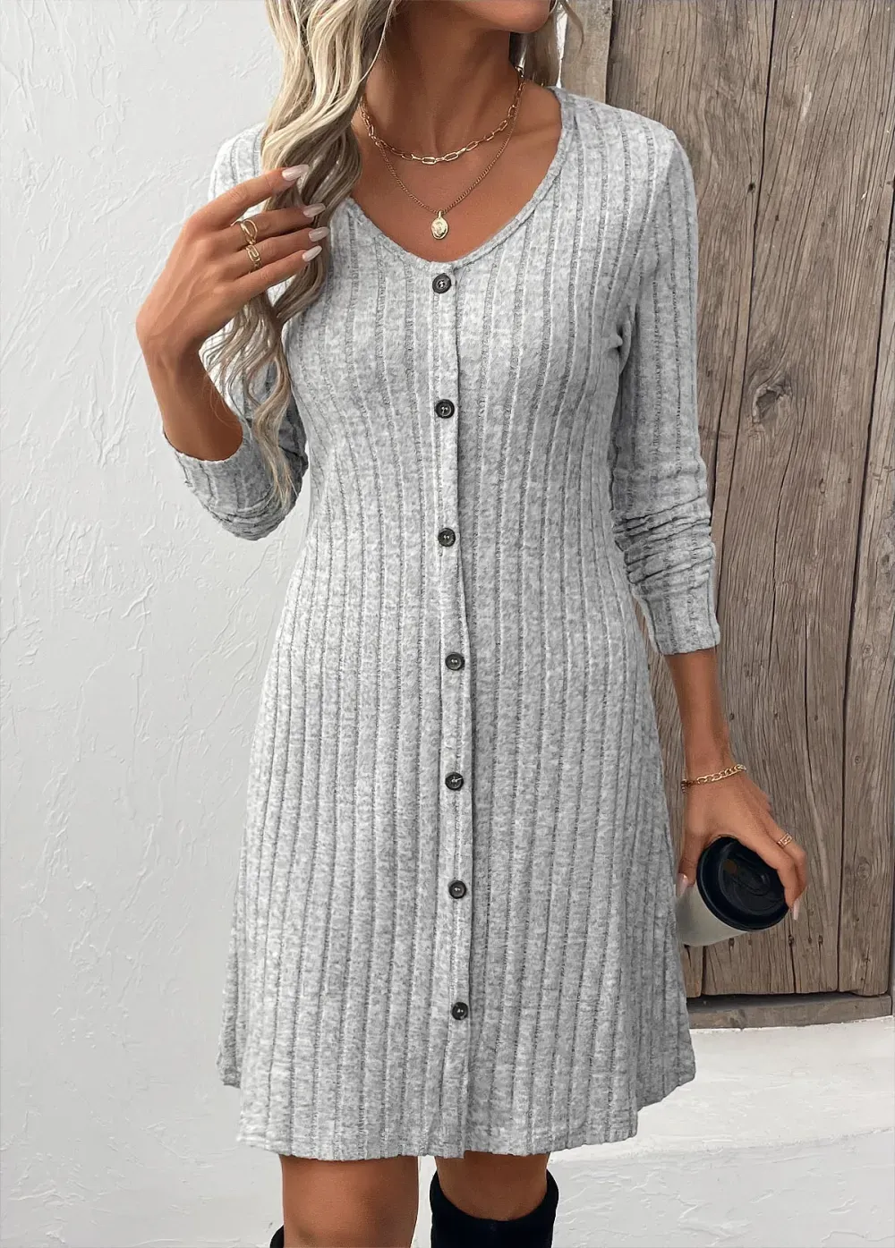 Light Grey Button Long Sleeve Scoop Neck Dress