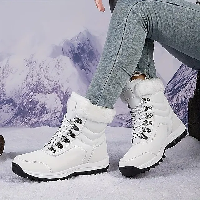 Women's Boots Snow Boots Plus Size Daily Fleece Lined Booties Ankle Boots Winter Flat Heel Round Toe Casual Comfort PU Elastic Band Solid Color Wine Black White