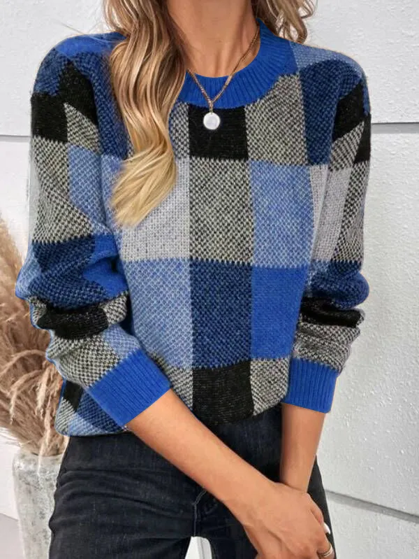 Casual Cotton Plaid Pattern Drop Shoulder Sweater