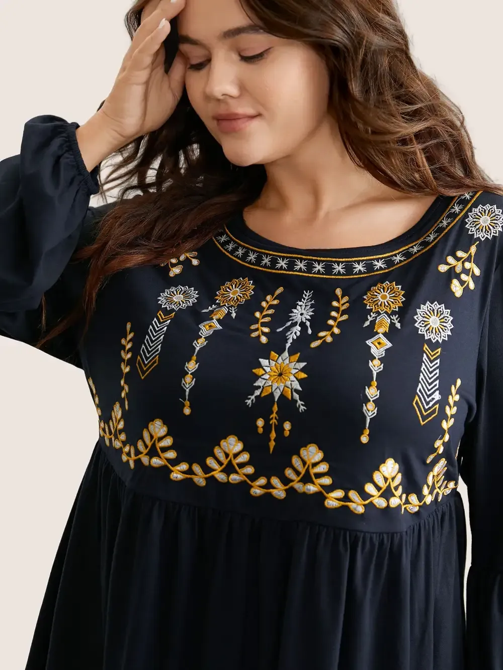Bandana Embroidered Round Neck Lantern Sleeve T-Shirt
