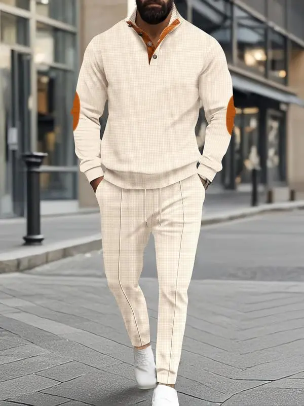 Men’s Waffle Knit Top & Pants Set – Casual 2-Piece Outfit