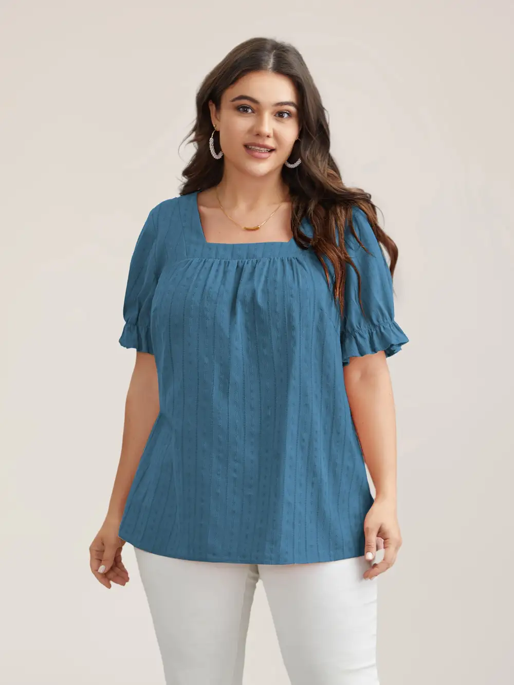 Cotton Square Neck Ruffled Sleeve Shirt