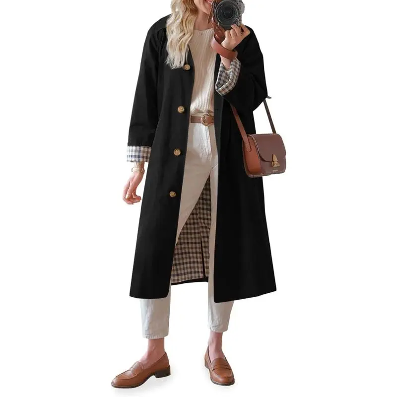 Womens Long Trench Coat Single Breasted Oversized Windproof Overcoat Fashion Outerwear