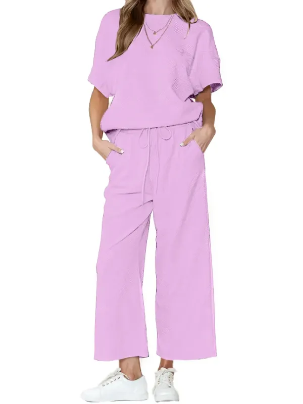 ✨Women's Textured Loose Fit T Shirt and Drawstring Pants Casual Set