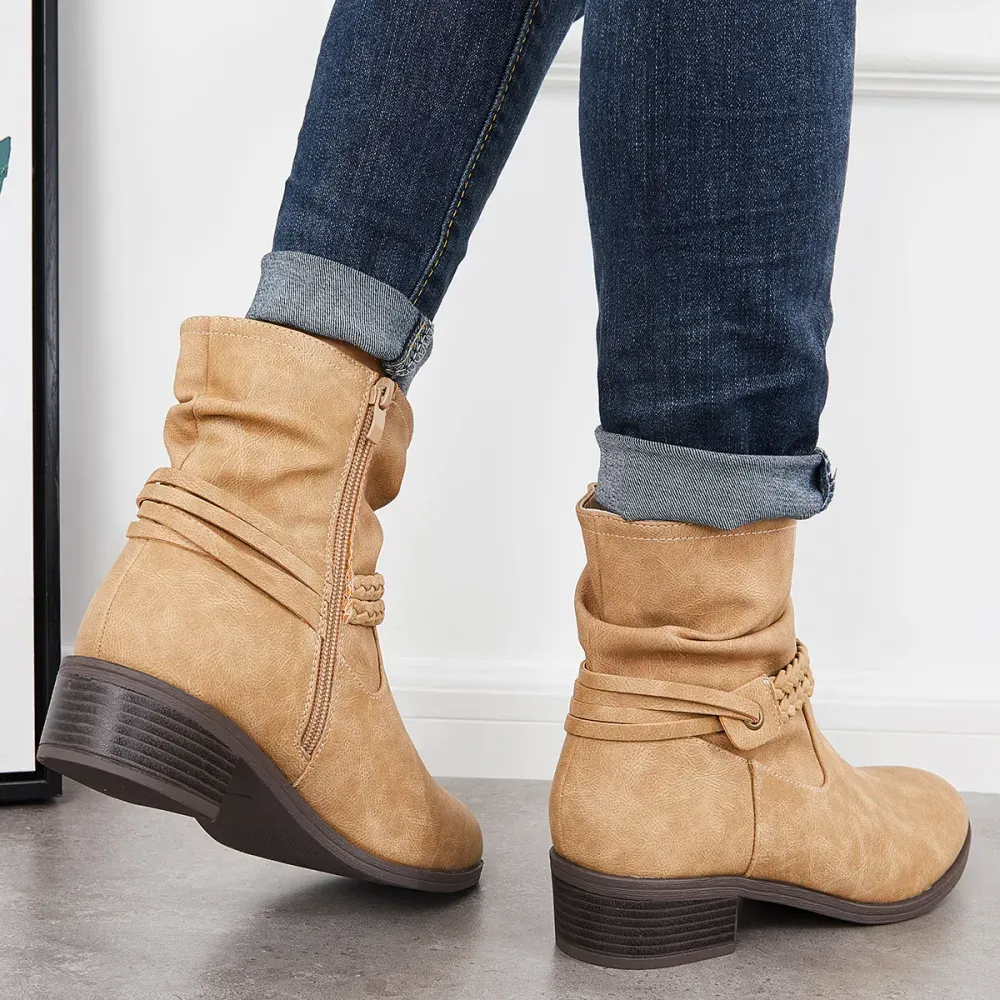 Slouchy Ankle Boots Braided Strap Chunky Block Heel Booties