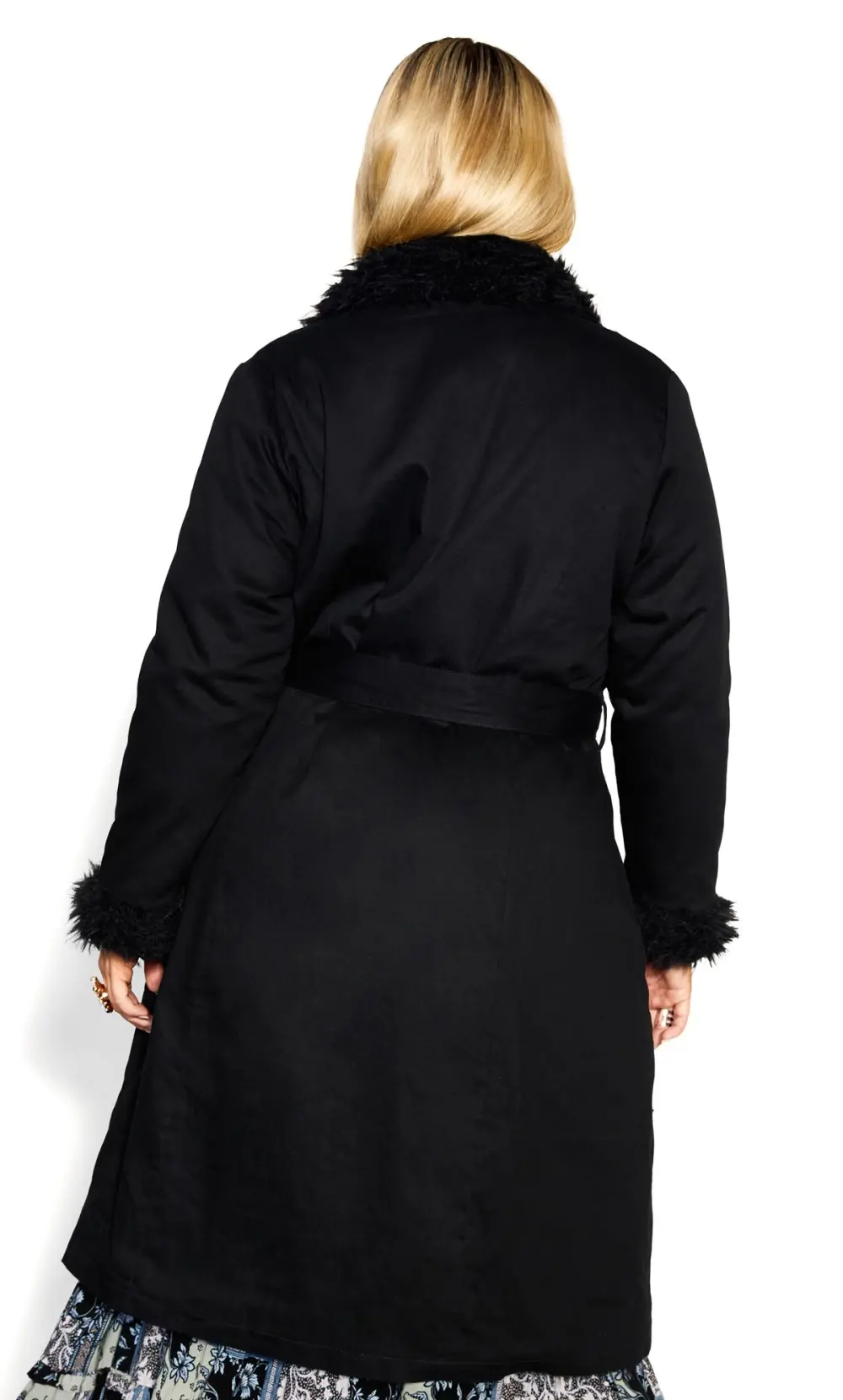 Evans Black Faux Fur Trim Tie Waist Coat