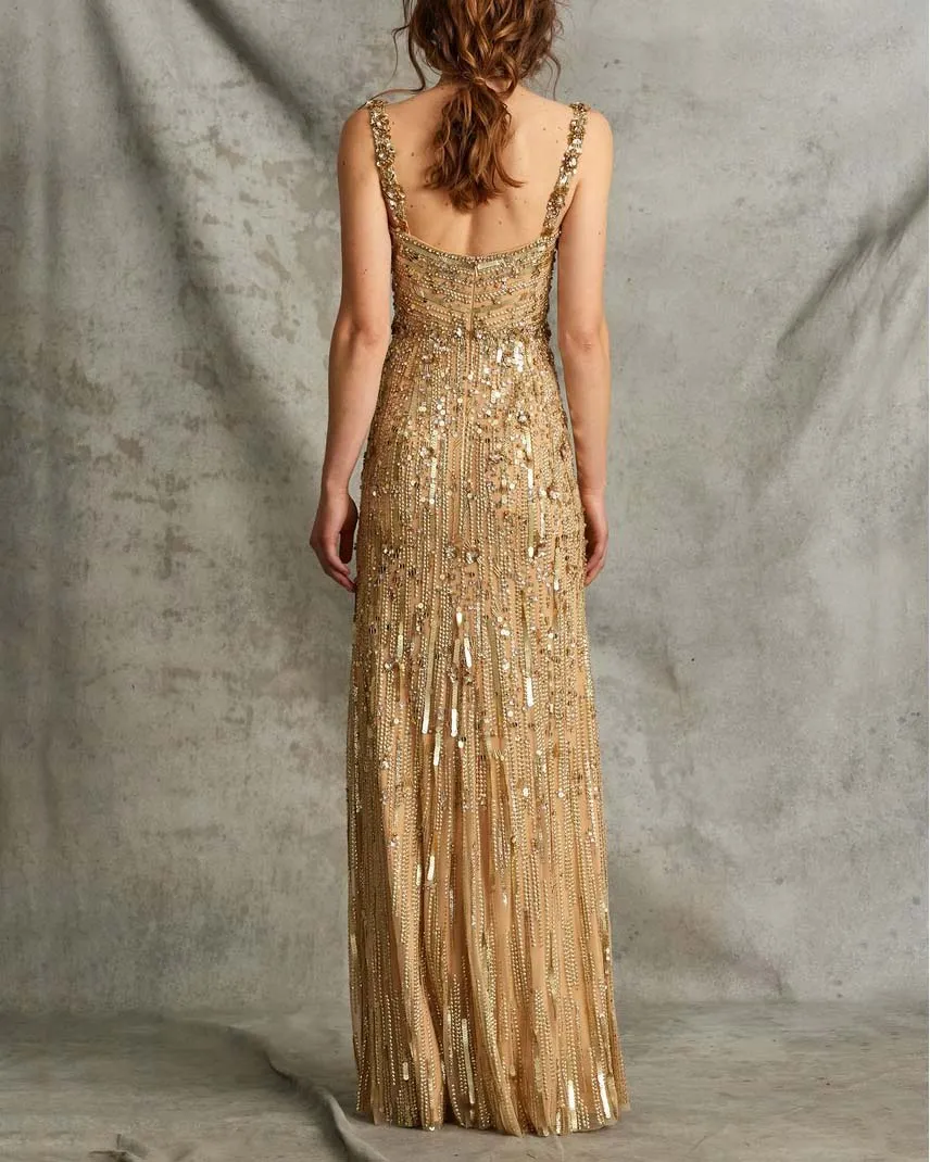 Bright Gold Beading Evening Gown