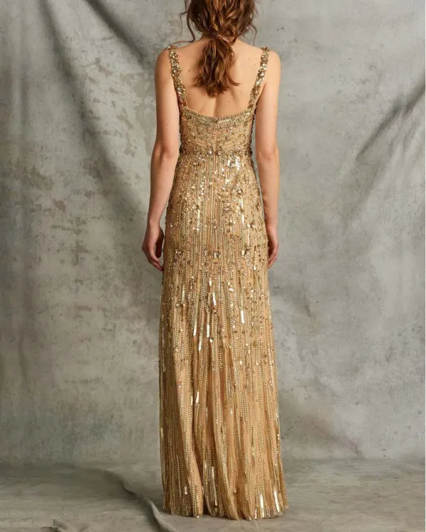 Bright Gold Beading Evening Gown