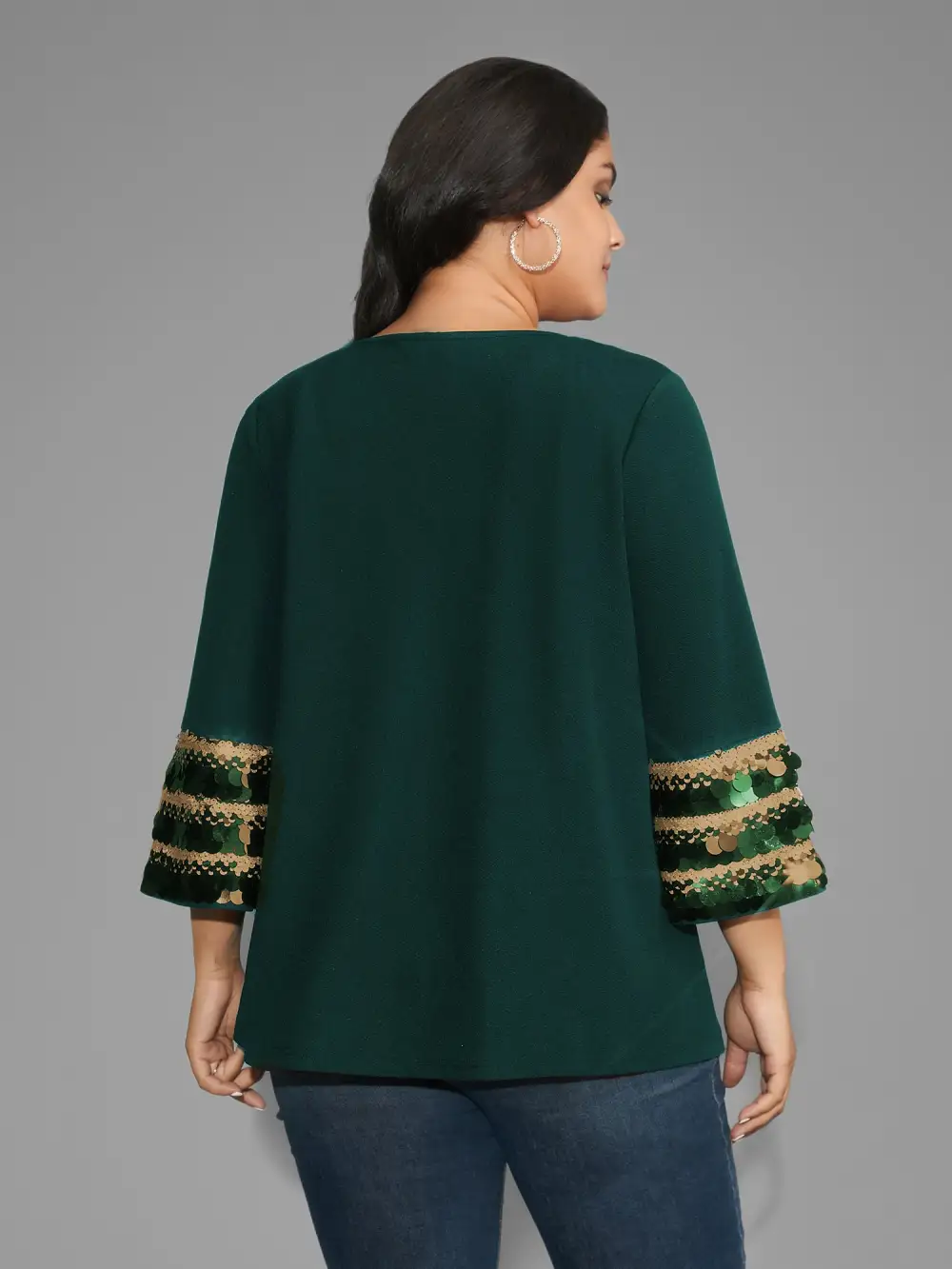 Sequin Patchwork Keyhole Bell Sleeve Blouse