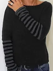 Women's Sweater Pullover Streetwear Casual Striped Crew Neck Patchwork Knitted Long Sleeve Regular Tops Knit Outdoor Daily Holiday Black Fall Winter