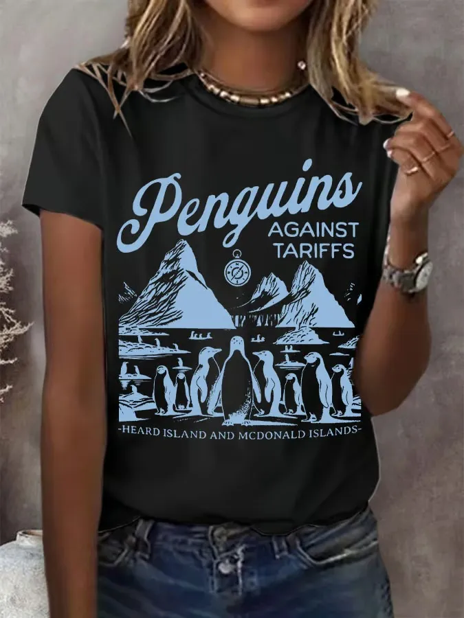 Women'S T-Shirt Women'S Penguin Fin Printed Round Neck T-Shirt Printed Short Sleeve
