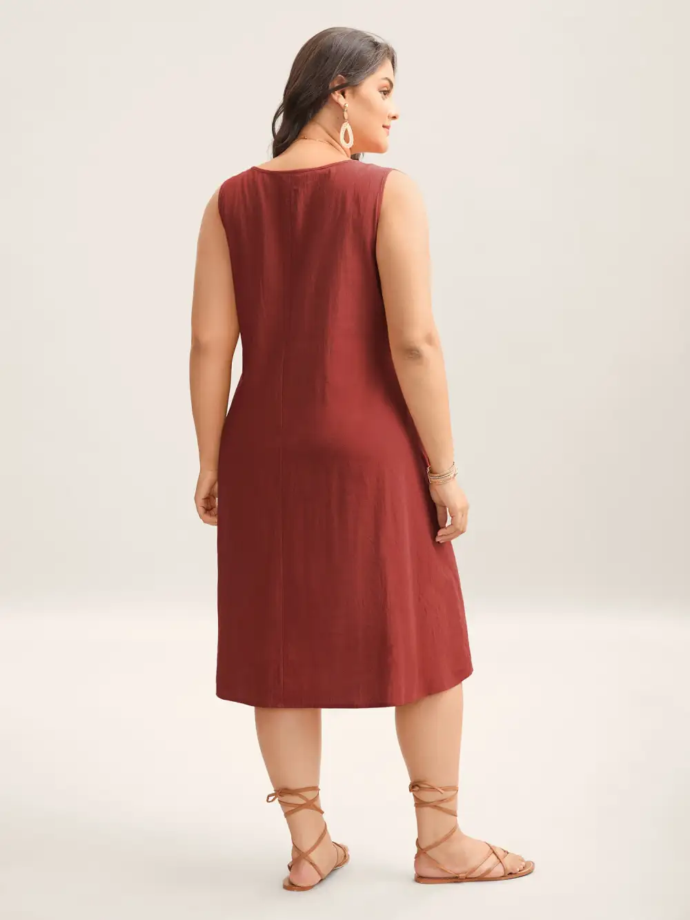 Cotton Toothpick Pleat Plain Midi Dress