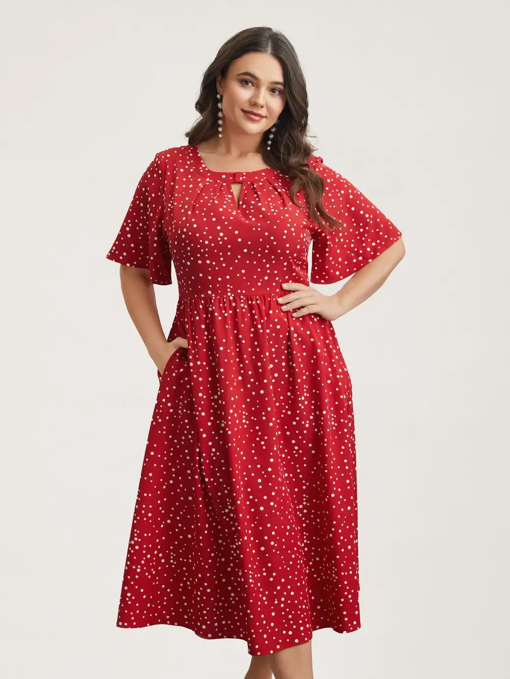 Polka Dots Print Cut-Out Flutter Sleeve Midi Dress
