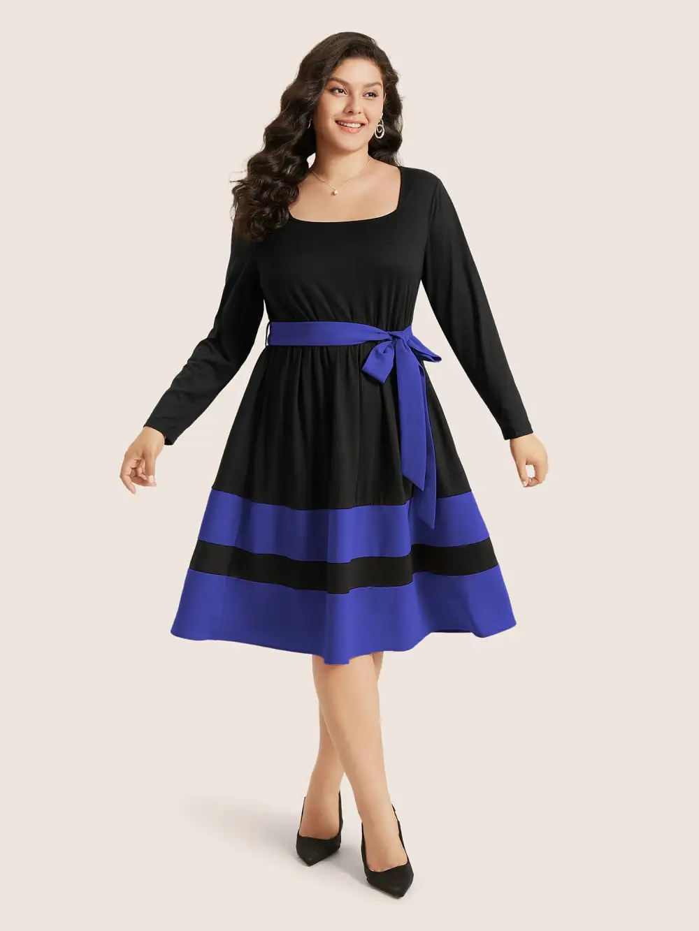 Two Tone Belted Bowknot Square Neck Dress