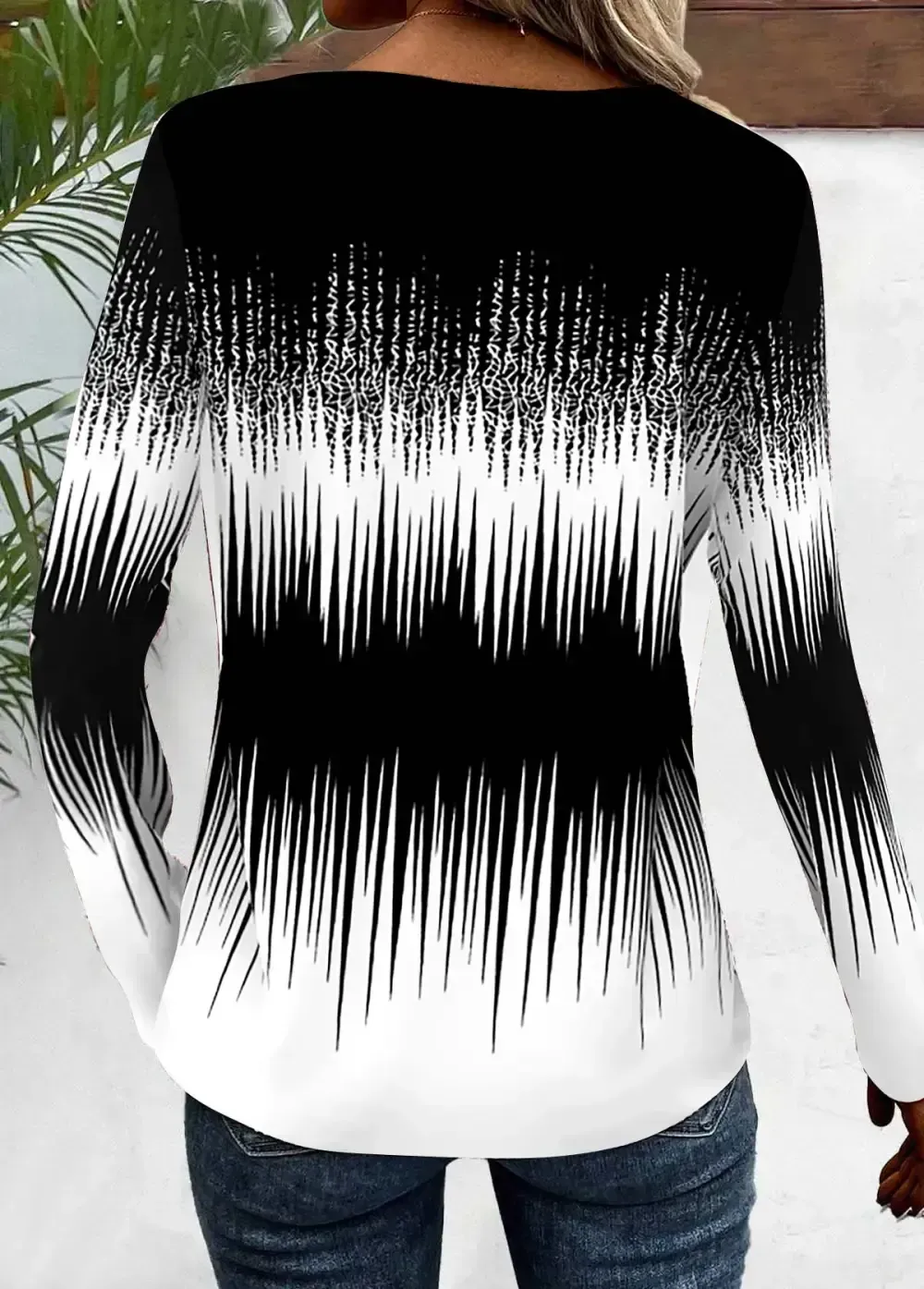 Black Patchwork Ombre Long Sleeve V Neck T Shirt