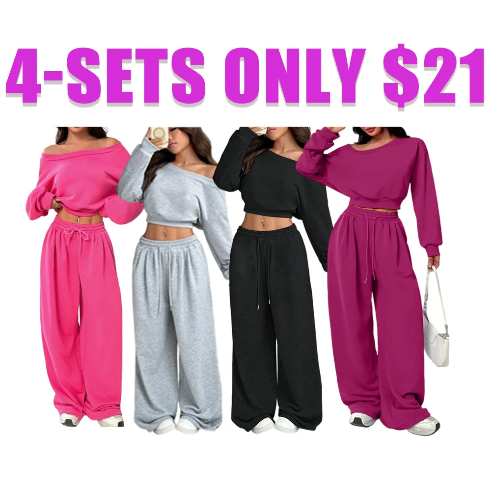 Women's Solid One-Shoulder Hoodie Set: Loose Knit, Long Sleeve Short Top