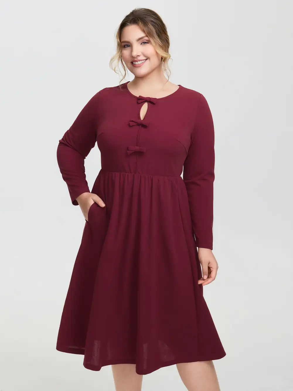 Bowknot Detail Pockets Knit Midi Dress