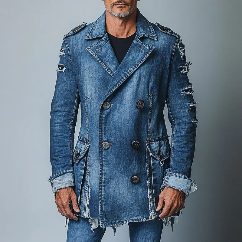Men's Lapel Collar Double Breasted Ripped Mid-Length Denim Coat