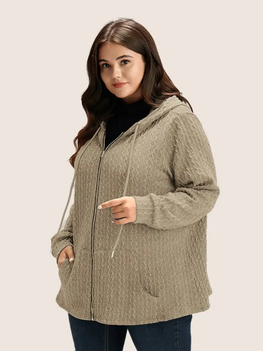 Plain Textured Zipper Hooded Sweatshirt