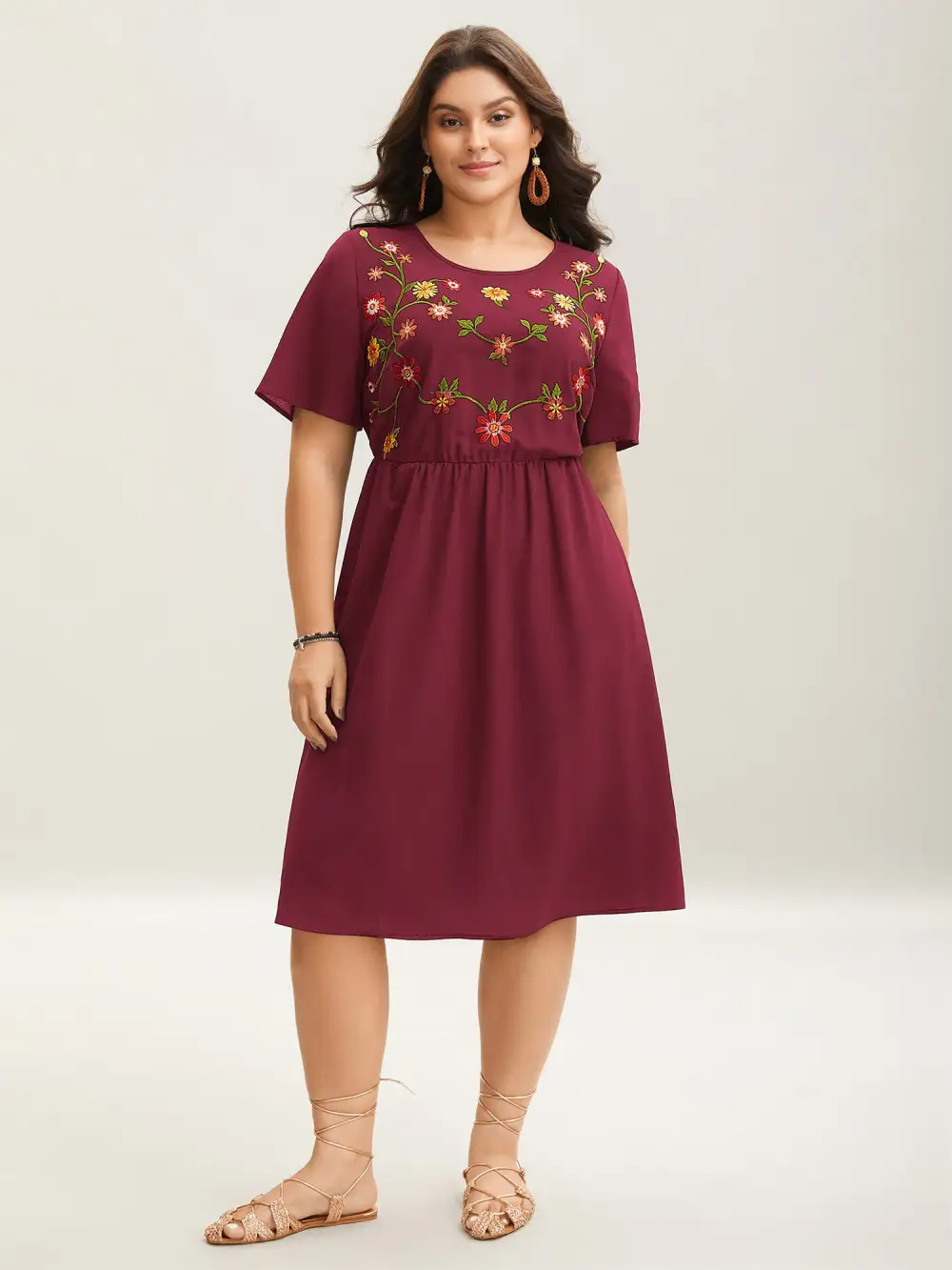 Floral Embroidered Waist-Cinched Midi Dress