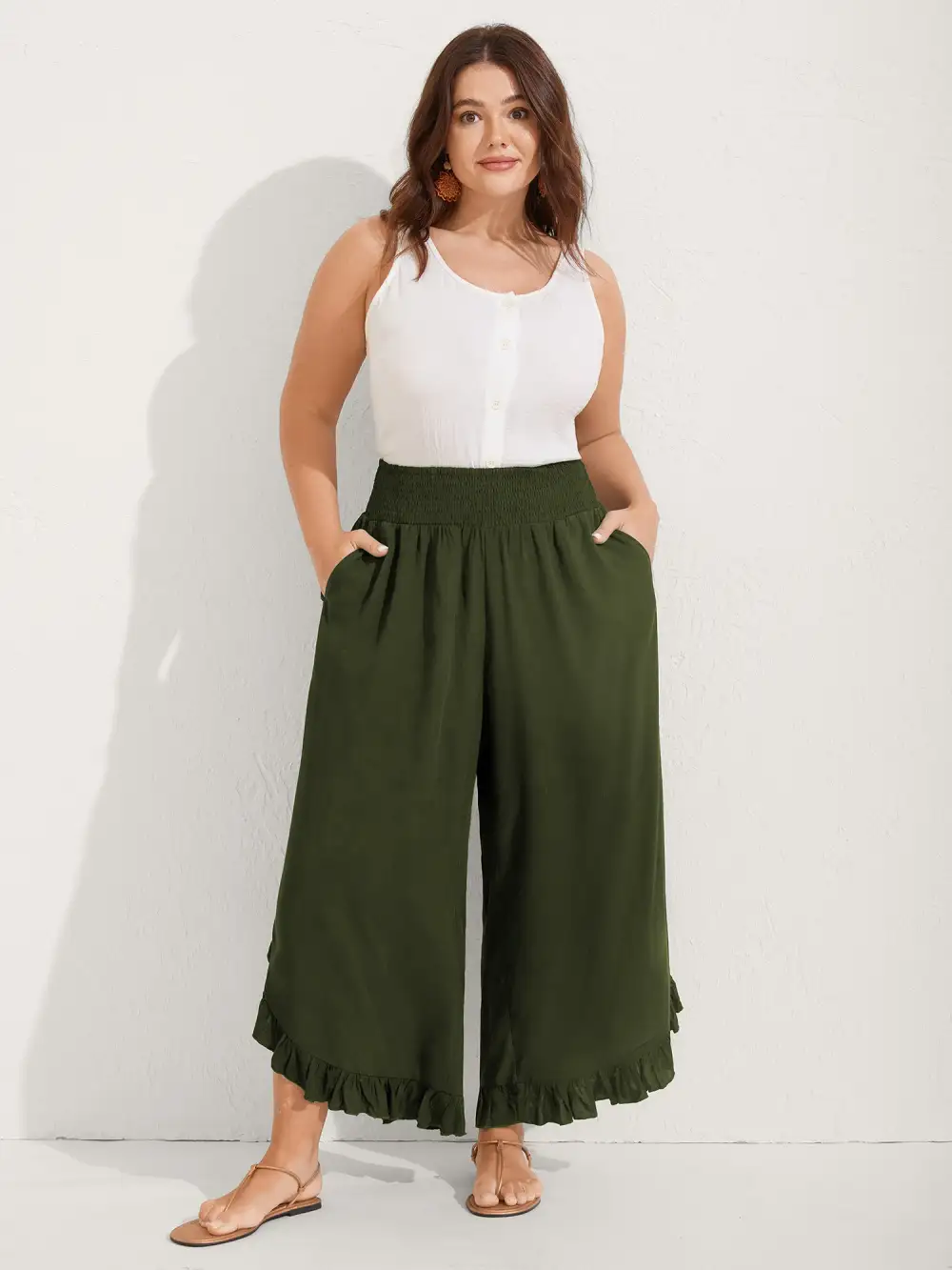 Ruffled Curvy Hem Wide-Leg Pants