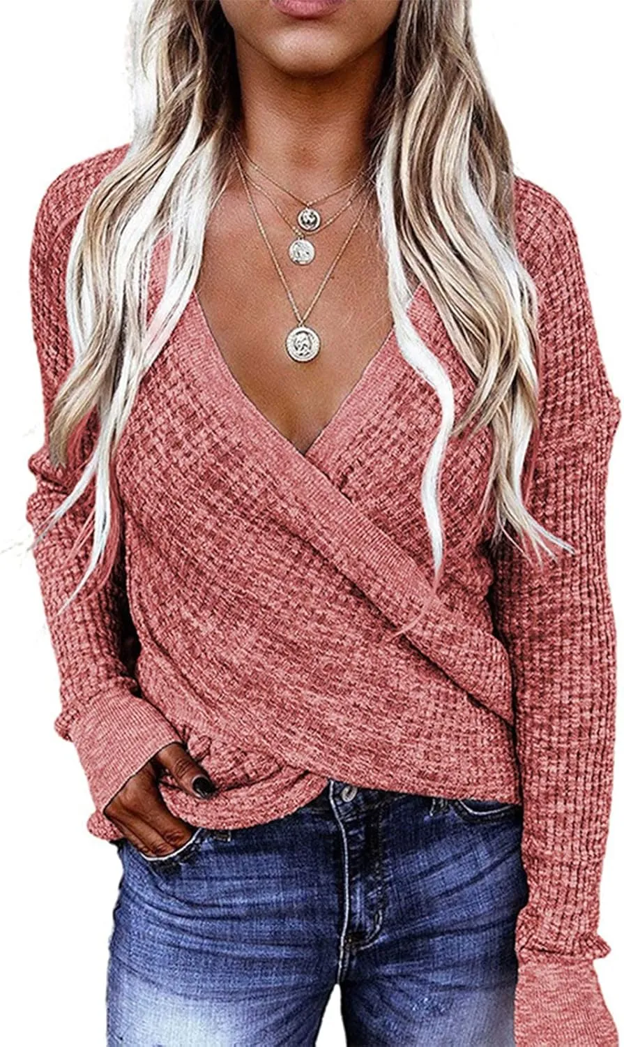 Women's Fall Sweater 2023 Wrap Sweaters Long Sleeve Knitted Asymmetric Hem Pullover Solid Color Tops Sweater