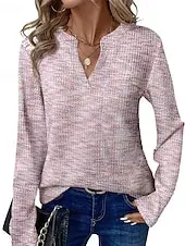 Women's Sweater Pullover Fashion Solid Color Ribbed V Neck Knitted Long Sleeve Regular Tops Knit Holiday Going out Weekend Pink Fall