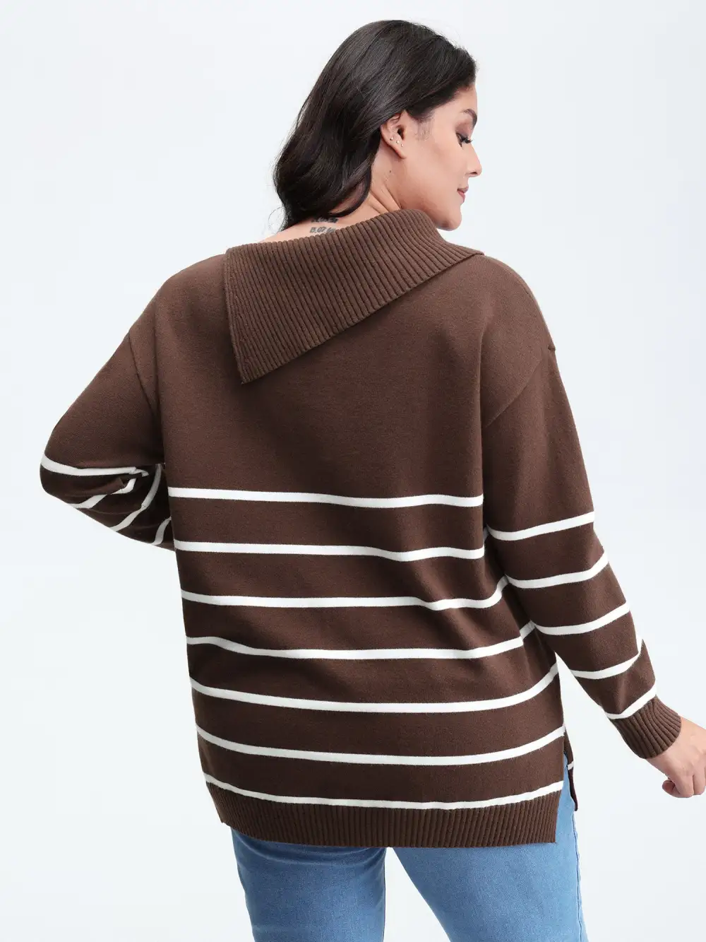 Supersoft Stripe Asymmetrical Collar Contrast Pullover