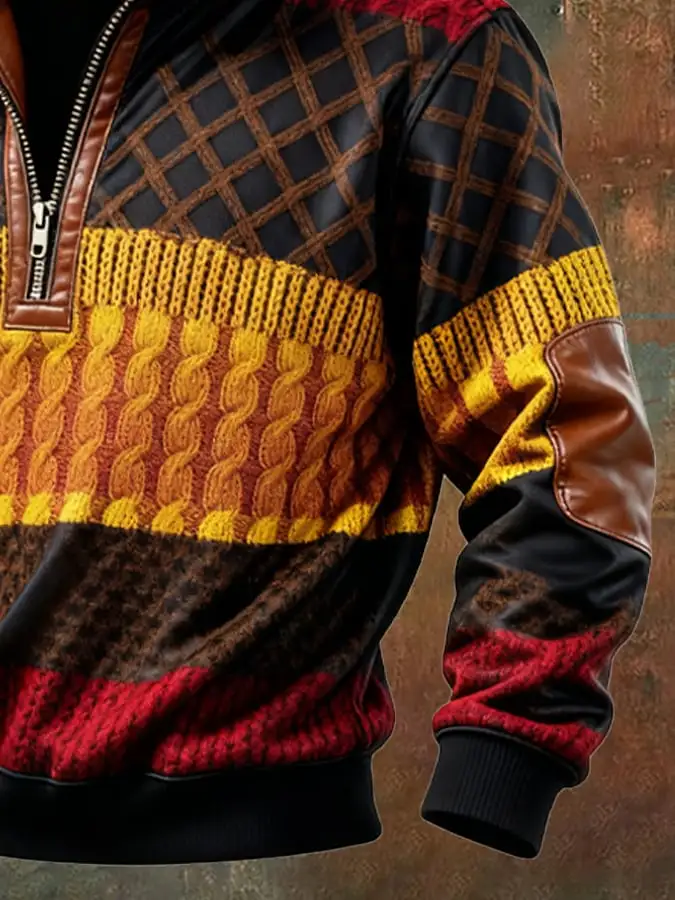 Men's Retro Color Block Print Casual Fur Collar Sweatshirt