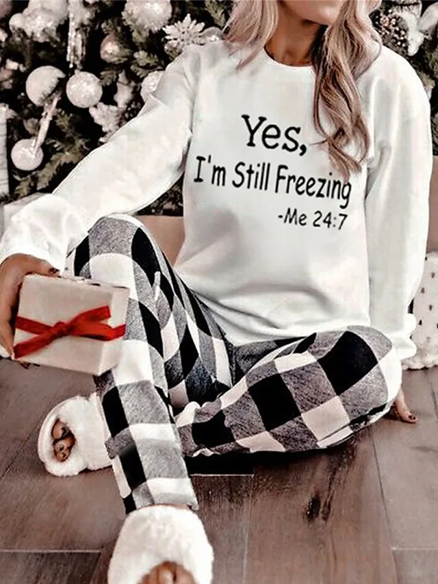 Women's Christmas Pajamas Top Letter Casual Comfort Soft Home Xmas Christmas Daily Polyester Breathable Gift Crew Neck Long Sleeve T shirt Tee Fall Winter Black White