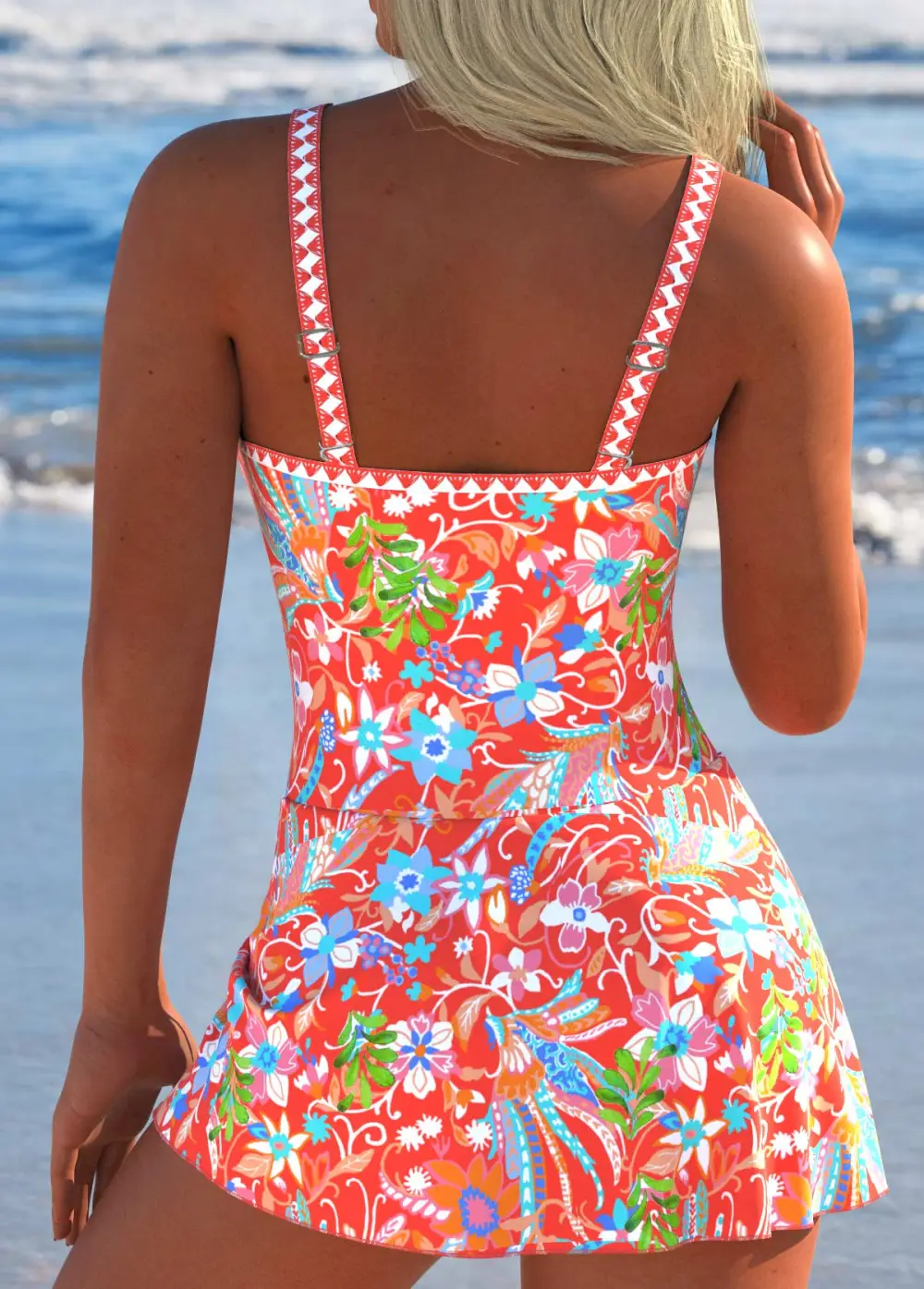 Tie Coral Floral Print One Piece Swimdress