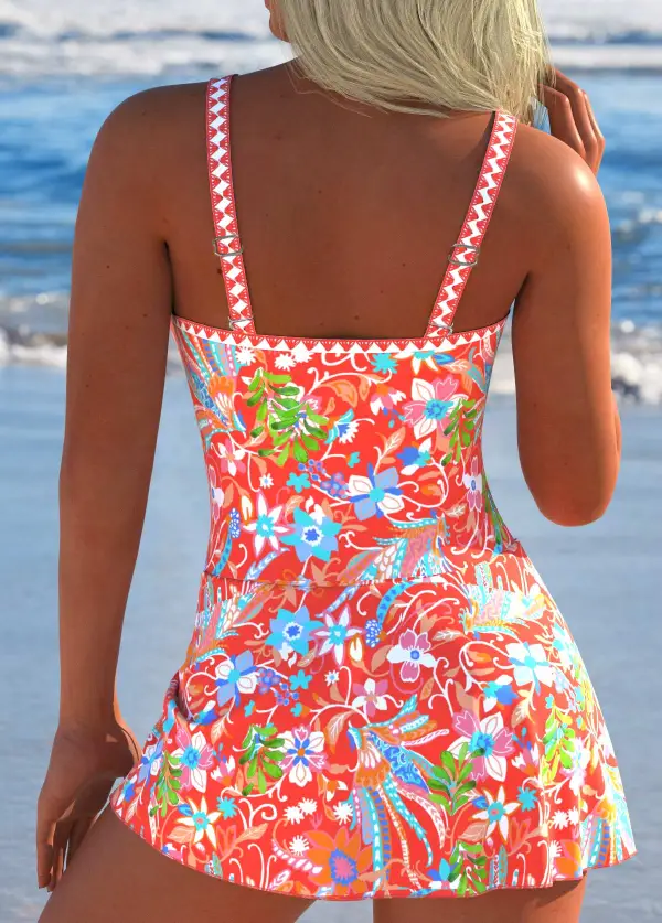 Tie Coral Floral Print One Piece Swimdress