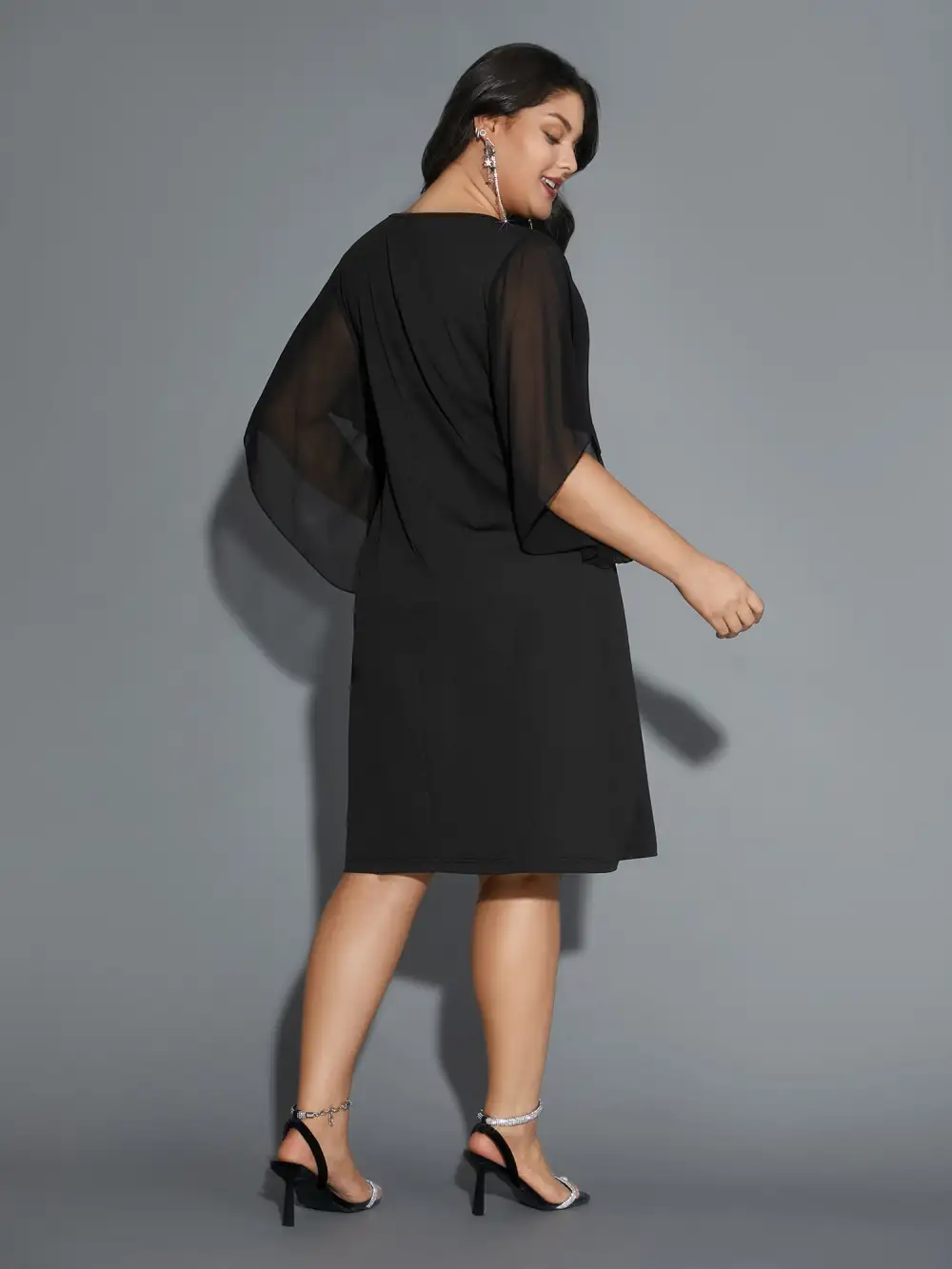 Rhinestone Ruffle Sleeve Mesh Patchwork Dress