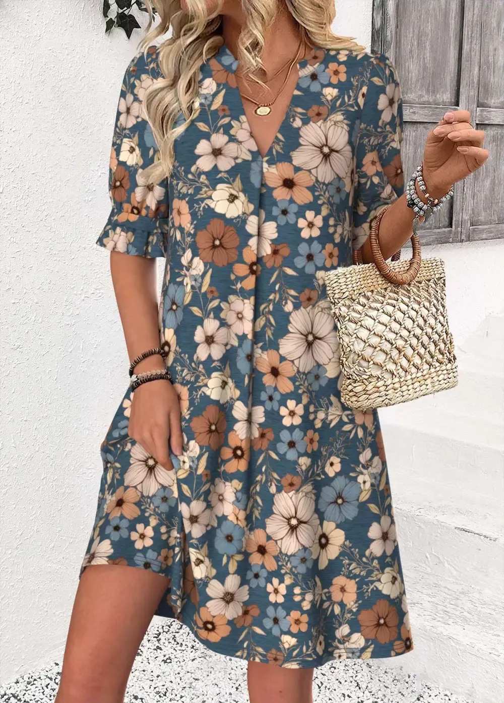 Multi Color Floral Print Half Sleeve Split Neck Dress