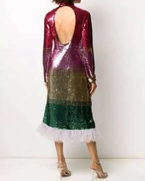 Feather sequined multicolor dress