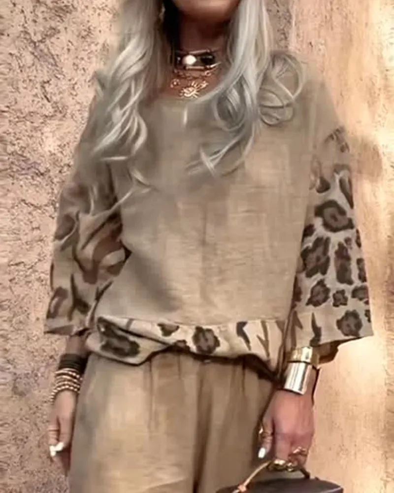 Round neck casual printed two-piece suit