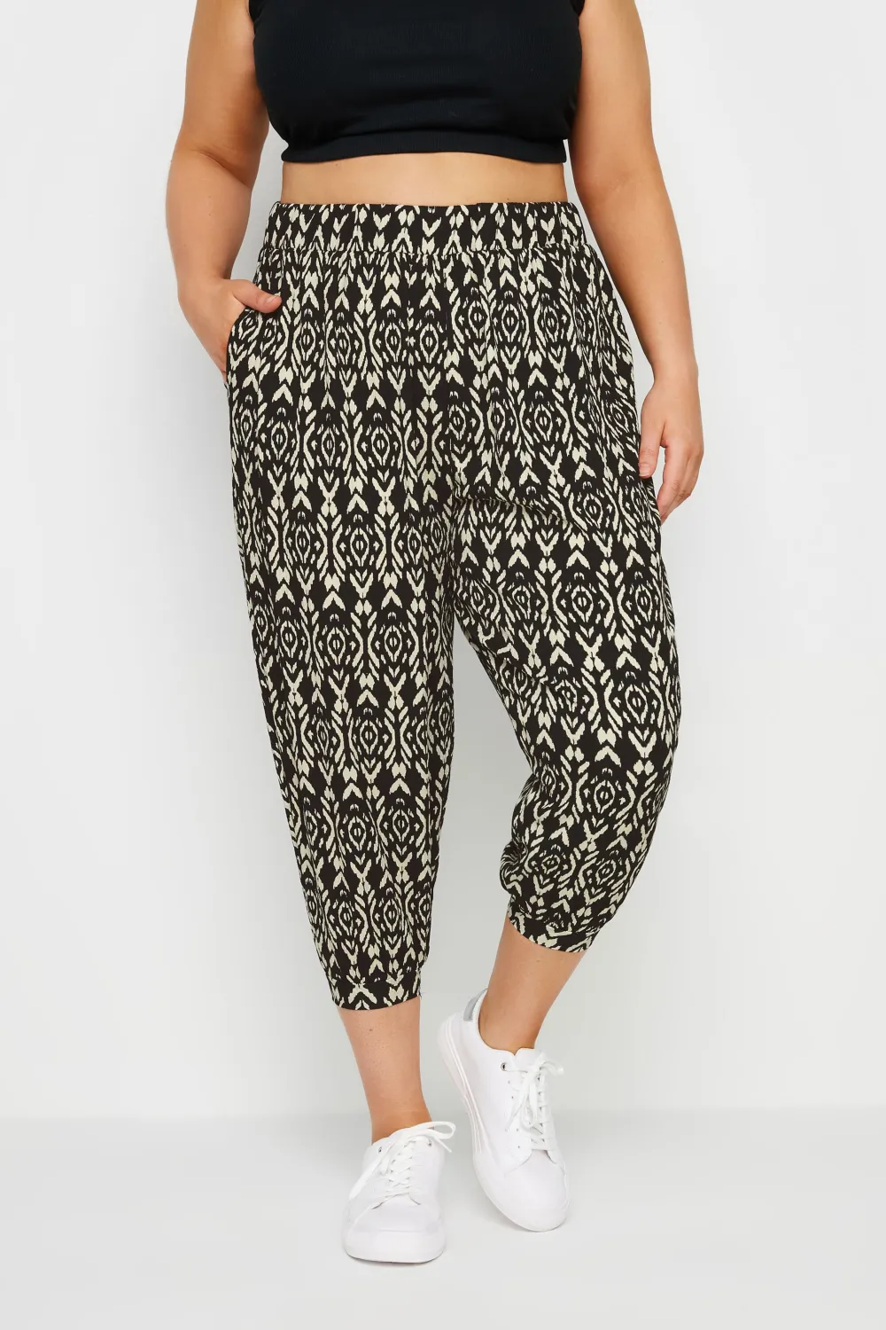 YOURS Curve Black Geometric Print Textured Cropped Harem Trousers