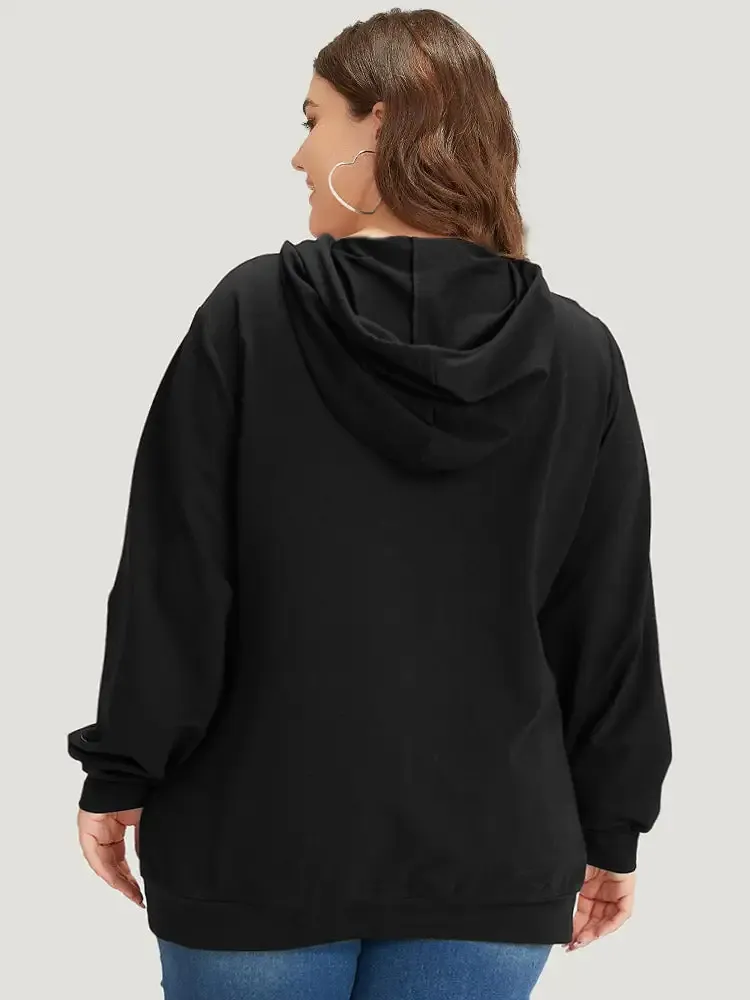 Letter Print Pocket Drawstring Hooded Sweatshirt