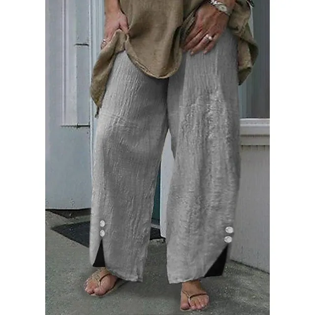 Women's Wide Leg Pants Trousers Baggy Ankle-Length Cotton Blend Baggy Basic Casual Daily Vacation Dark Khaki Black S M Spring Fall