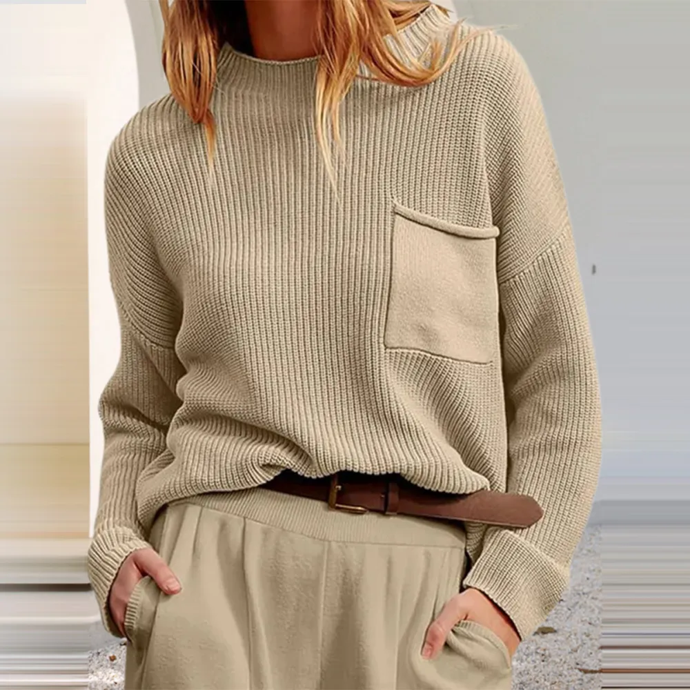 Simple Round Neck Long Sleeve Pocket Knitted Sweater