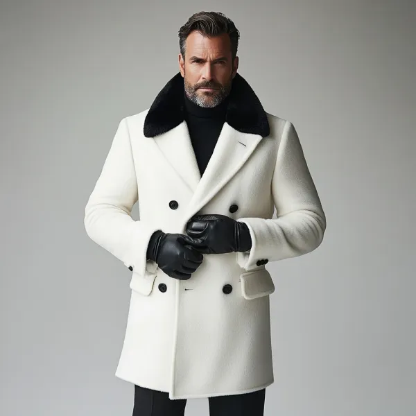 Men's Contrast Lapel Double Breasted Long Sleeve Short Plush Coat
